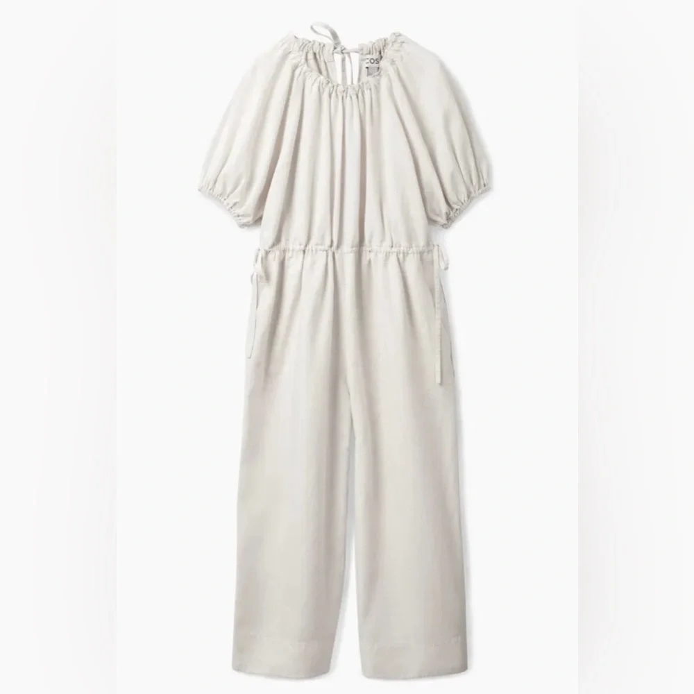 COS Puff-Sleeve Linen Blend Oversized Wide Leg Jumpsuit Sz L/XL Light Beige